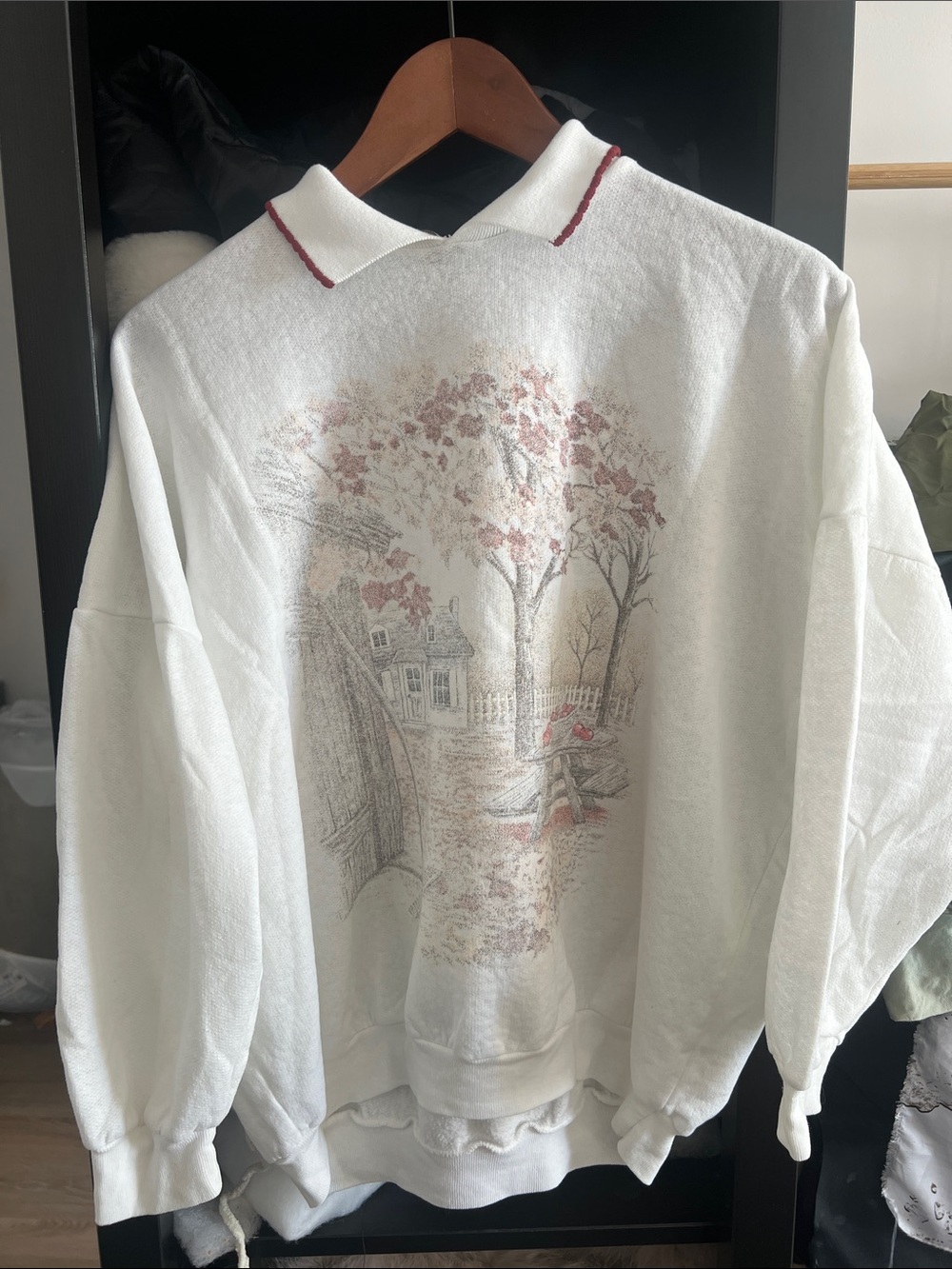 White Floral Scene Collared Women's Sweater